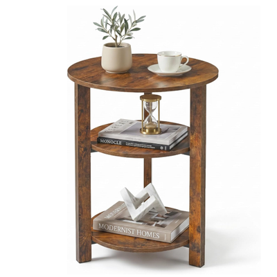 3-Tier Round Side Table, 17.7" Small End Table for Living Room and Bedroom, Rustic Brown Nightstand with Open Storage Shelves, Industrial Accent Table for Small Spaces, Easy Assembly - 17.7" x 17.7" x 21.7"/Brown